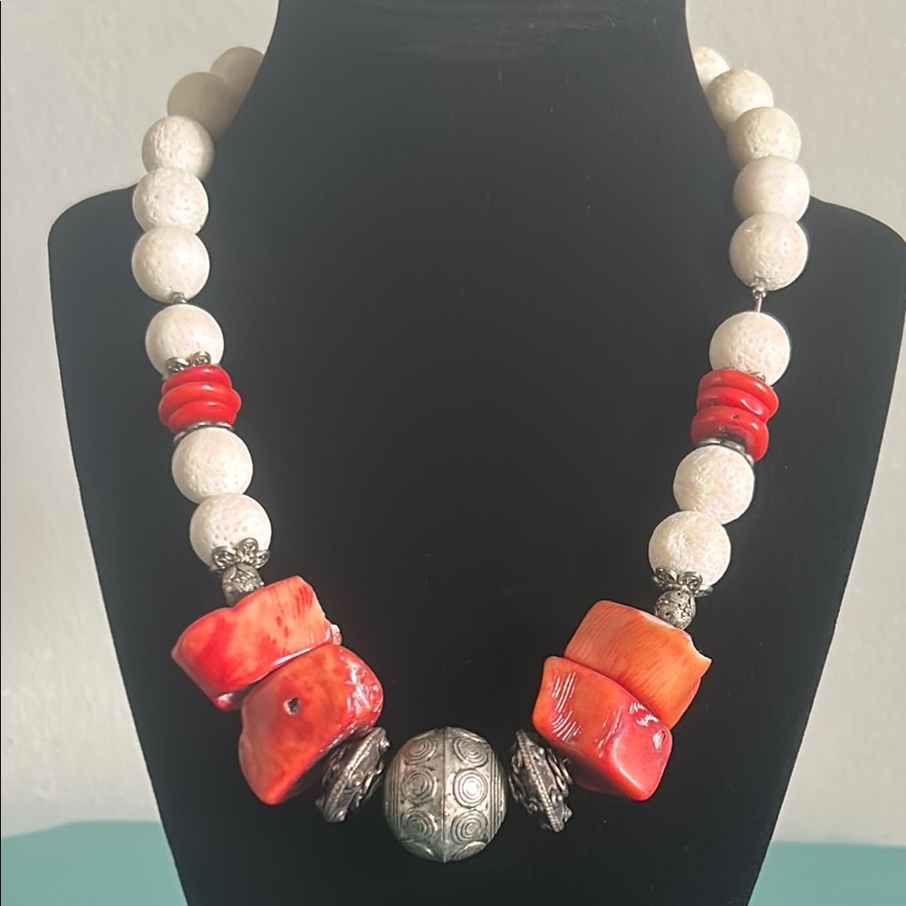 Vintage Chunky Raw Red Coral, White Coral and Tibetan Silver Bead Boho Necklace